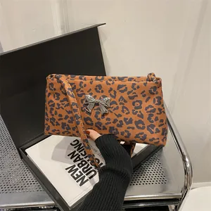 Women Leopard Print PU Leather Underarm Bag Fashion Silver Bowknot Shoulder Bag Urban Vintage Small Square Handbag