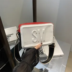 Damen Mode PU Leder Kameratasche Breiter Stoffgurt Umhängetasche Kleine Eckige Schultertasche Geprägtes Design Lässige Tasche