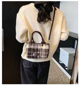 Plaid wool crossbody bag with brown leather details shown on model in modern setting