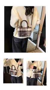 Detailed views of vintage plaid wool handbag with brown leather trim and golden hardware
