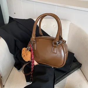 Retro Women PU Leather Mini Boston Handbag With Teddy Bear Pendant Shiny Crossbody Shoulder Bag For Daily Fashion Commuting
