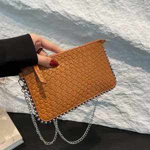 Niche Design Woven Texture Underarm Bag For Women Retro Chain Crossbody Bag Small Square Purse With Metal Bead Trim PU Leather Shoulder Bag