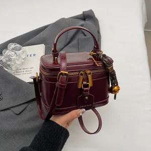 Vintage PU Leather Vanity Case Bag For Women Retro Box Handbag With Golden Hardware And Braided Charm Crossbody Shoulder Bag