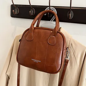 Damen Retro Patchwork PU Leder Umhängetasche Mode Steppen Schultertasche Handgriff Reißverschluss Handtasche Für Den Alltag