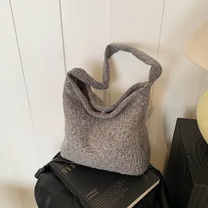 Borsa a Spalla in Lana a Quadri di Grande Capacità Stile Coreano per Donna Moda Inverno Autunno Borsa Tote Tracolla