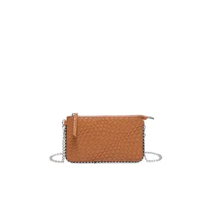 Brown faux leather crossbody bag with crocodile texture, silver rivets and chain strap