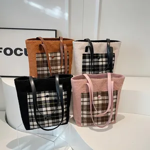 Winter faux fur tote bag collection with plaid pockets and leather straps in four colors