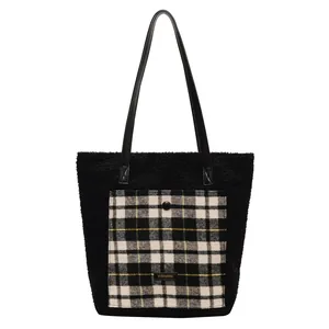 Fuzzy faux fur tote bag with vintage plaid pocket for winter casual daily wear