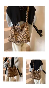 Detailed view of the leopard print plush shoulder bag with soft faux fur texture detail
