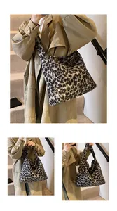 Detail view of large leopard print tote bag with soft faux fur texture and casual style