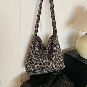 Winter faux fur leopard print hobo bag with large capacity and soft shoulder strap