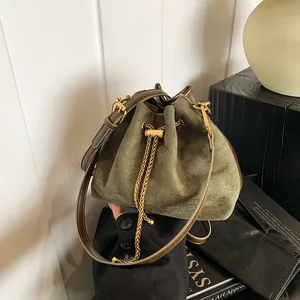 Vintage Frosted Suede Drawstring Bucket Bag For Women Retro Gold Chain Crossbody Shoulder Bag Small Daily Versatile Handbag