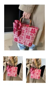 Pink canvas wedding tote bag featuring bamboo handles and a decorative silk scarf