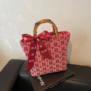 Women Chinese Style Canvas Tote Handbag With Bamboo Handle Double Happiness Print Bow Silk Scarf Wedding Party Gift Bag