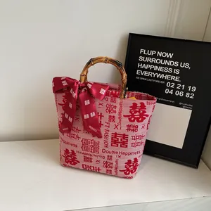 Pink canvas wedding tote bag with bamboo handles, silk scarf, and Double Happiness pattern