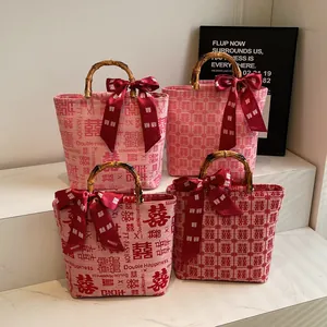 Chinese wedding style canvas tote bags with bamboo handles and silk bow decoration