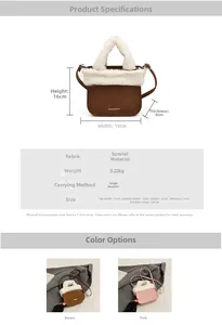 Detailed size chart of the plush suede bucket bag with dimensions and weight specs