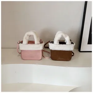 Chic pink and brown matte PU bucket bags with white faux fur trim on geometric steps