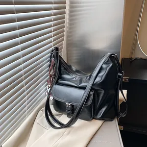 Große Kapazität PU Leder Tote Bag Für Damen Retro Glänzende Hobo Umhängetasche Mit Vorderer Schnallentasche Kontrastnähten Lässige Umhängetasche