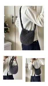 Détails du sac seau en peluche gris foncé avec bandoulière douce et fermeture à bouton