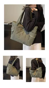 Detailed views of a large quilted olive green tote bag showing side zippers and capacity