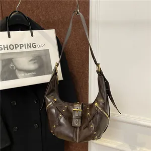 Vintage dark brown oil wax leather hobo bag with gold rivets and adjustable strap