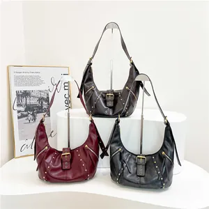 Retro half-moon shoulder bags with metal rivets in dark brown, burgundy and black