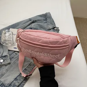 Women Quilted Nylon Chest Bag Casual Letter Embroidery Waist Pack Streetwear Crossbody Shoulder Bag Adjustable Strap Versatile Travel Bag