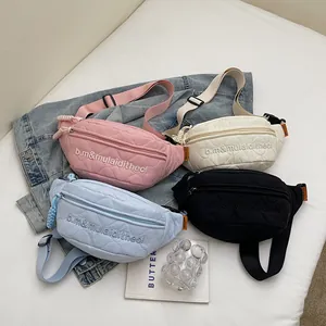 Quilted nylon crossbody chest bags for women with heart pattern embroidery in four colors