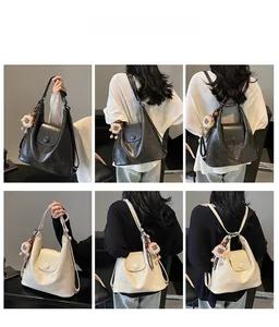 Detailed shots of a versatile leather tote bag shown in shoulder and backpack modes