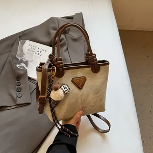 Women Vintage Tote Bag PU Canvas Splicing Crossbody Bag With Ice Cream Charm And Triangle Logo Daily Commuter Bucket Bag
