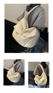Three-panel detail view of a cream canvas crossbody bag with flap pockets and wide straps