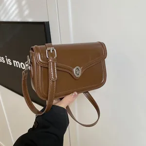 Women's Vintage Glossy PU Leather Small Square Crossbody Bag Minimalist Shoulder Bag With Metal Lock Closure