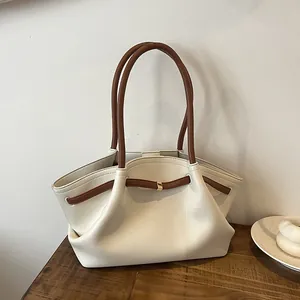 Damen PU Leder Tote Bag Großes Fassungsvermögen Kontrastfarbe Unterarmtasche Fashion Commuter Handtasche Mit Zierriemen