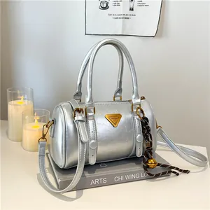 Women Retro PU Leather Boston Bag Metallic Cylinder Handbag With Triangle Metal Badge Bell Charm Shoulder Crossbody Bag