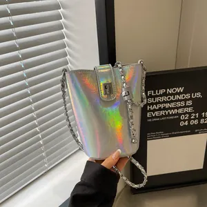 Metallic Laser Bucket Bag For Women Trendy PU Leather Chain Shoulder Crossbody Bag With Silver Hardware Lock Closure Fashion Handbag