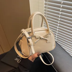 Women Fashion PU Leather Handbag Mini Boston Crossbody Bag With Bow Knot Solid Color Top Handle Shoulder Bag For Daily