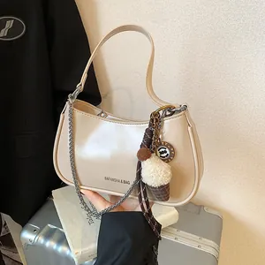 Vintage PU Leather Underarm Bag For Women Half Moon Shoulder Bag With Metal Chain And Plush Ice Cream Charm Stylish Zip Handbag