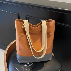 Korean Style Canvas Tote Bag For Women Large Capacity Simple Colorblock Shoulder Bag With Rivet Casual Daily Handbag