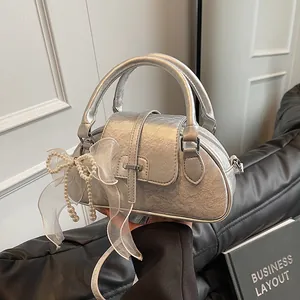 Vintage PU Leather Boston Handbag For Women Stylish Pillow Bag With Artificial Pearl Mesh Bow Charm Shoulder Crossbody Bag Daily Versatile