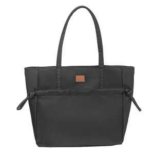 Borsa tote minimalista in nylon nero da donna con grande capacità e tasca frontale