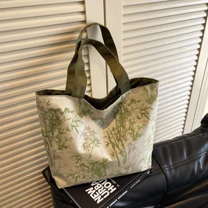 Women Large Capacity Canvas Tote Bag Artistic Bamboo Print Shoulder Handbag Casual Commuter Shopping Bag For Daily Use