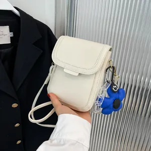 Korean Style Minimalist PU Leather Mini Crossbody Phone Bag For Women Flip Cover Small Square Bag With Flower Charm
