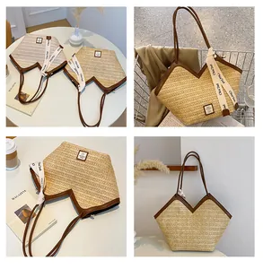 Detailed macro view showing the tight straw weave and brown leather trim of the tote bag