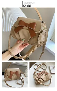 Détail du sac à bandoulière plissé kaki avec nœud marron et poignée tressée