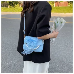 Detail showing light blue crossbody bag with mesh bow and decorative pearl chain detail
