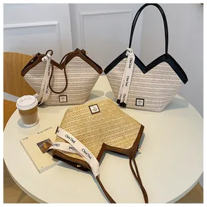 Flat lay of three woven tote bags with V-shaped openings and stylish ribbon detail
