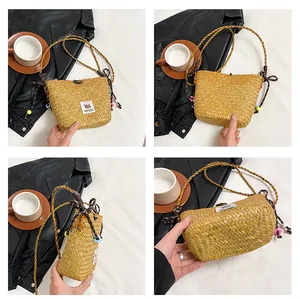 Detailed four-angle view of a yellow straw bucket bag with woven texture and beaded strap