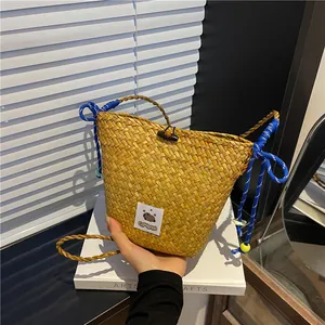Minimalist straw bucket bag with capybara patch and blue woven handles for women