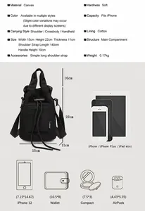 Detailed size chart for black oxford bucket bag showing capacity for phone and accessories